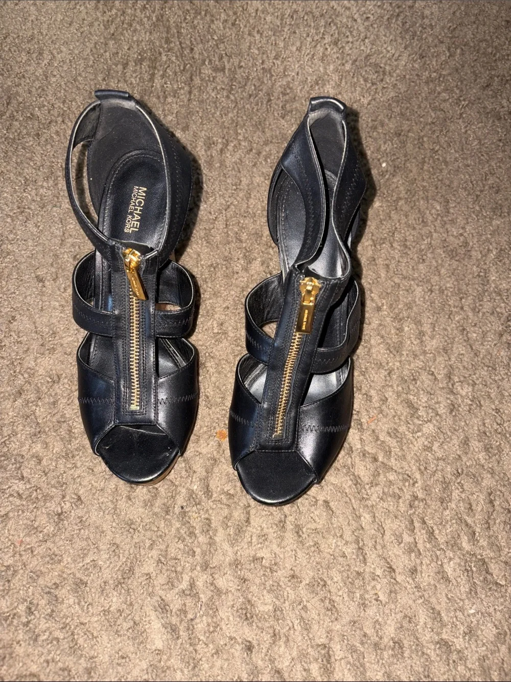 Michael Kors Black Leather Peep-Toe Wedge Sandals with Gold Zip Accent